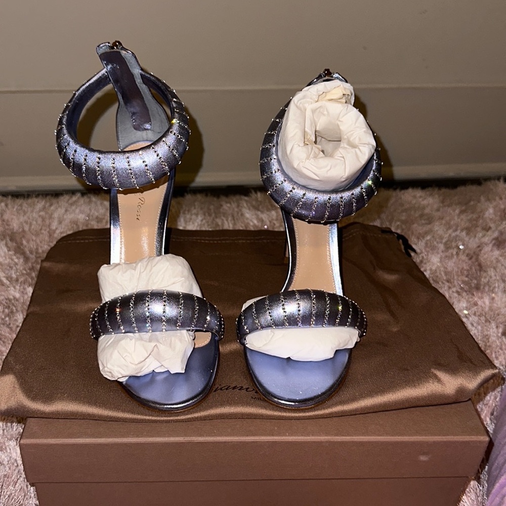Gianvito Rossi Metallic Silver Quilted Ankle-Strap Heels